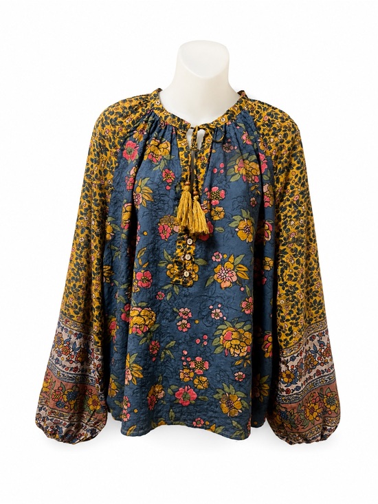 NATURAL LIFE Tops - NATURAL LIFE Navy & Mustard Mixed Floral Peasant Blouse with Tassel